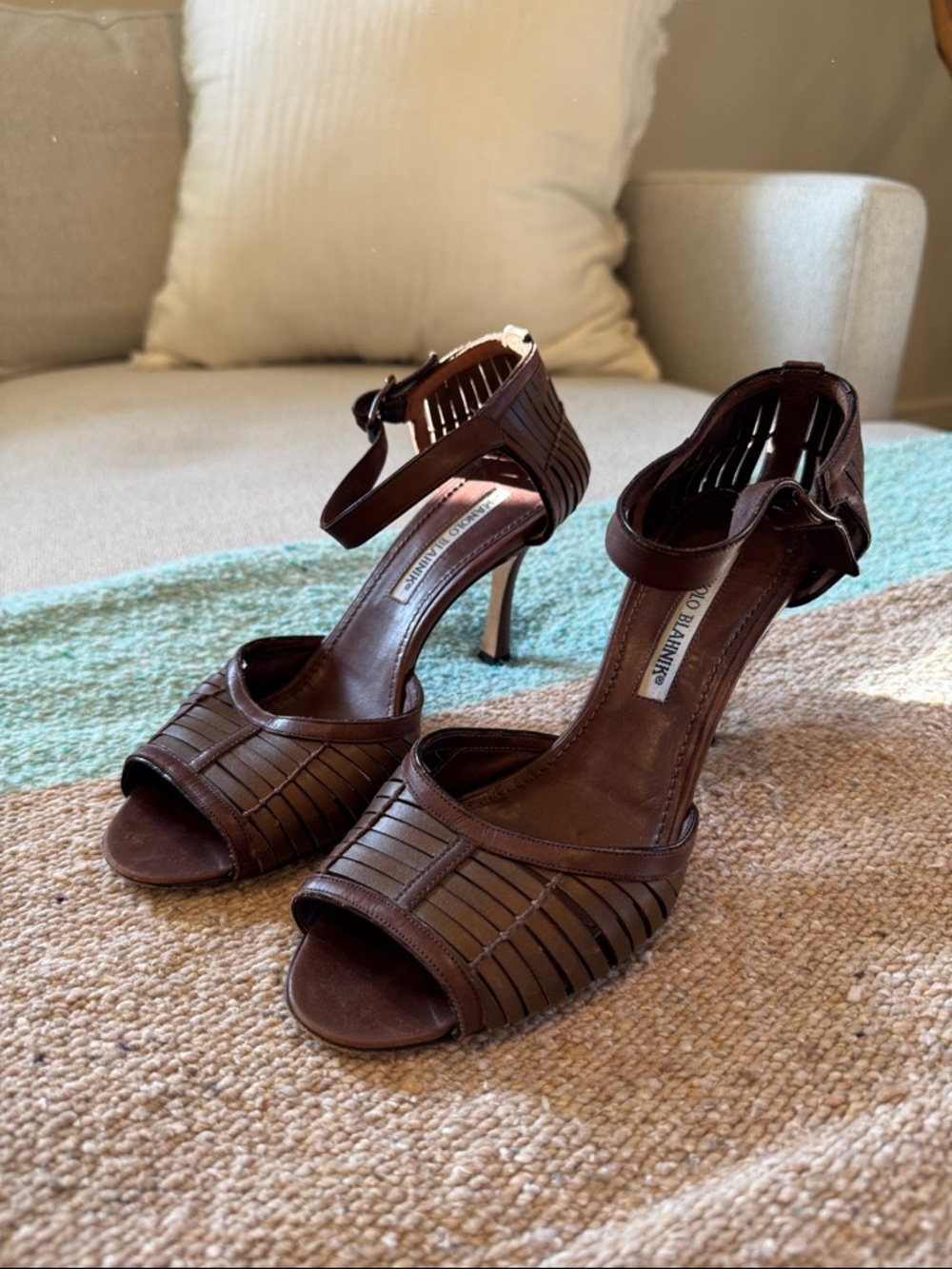 Manolo Blahnik Dark Brown Woven Leather Ankle-Strap Heels
